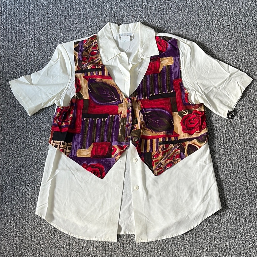 90s Women's White Button Down Shirt with Multicolor Vest Overlay